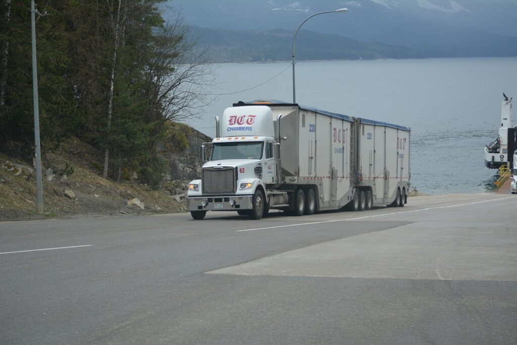 truck, lorry, white truck, cargo truck, nature, big rig, transportation, vehicle, highway, lake, driving, truck drivers, truckers, lorry driver, gray truck